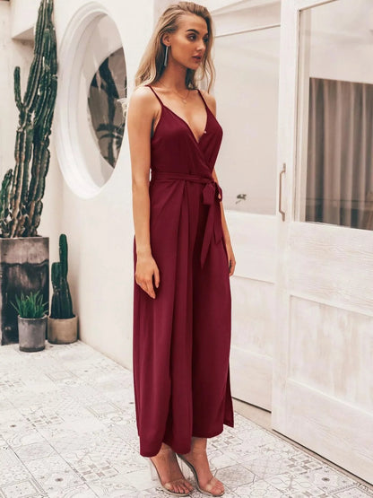 Women's Maxi Dress - V-neck - Spaghetti Straps - Wrap Design - High Slit - Tie Belt