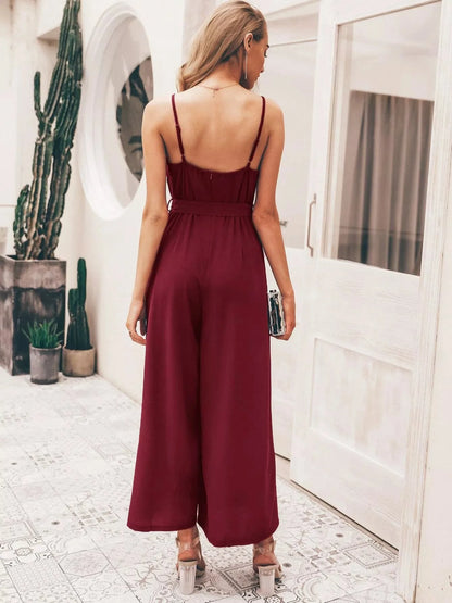 Women's Maxi Dress - V-neck - Spaghetti Straps - Wrap Design - High Slit - Tie Belt
