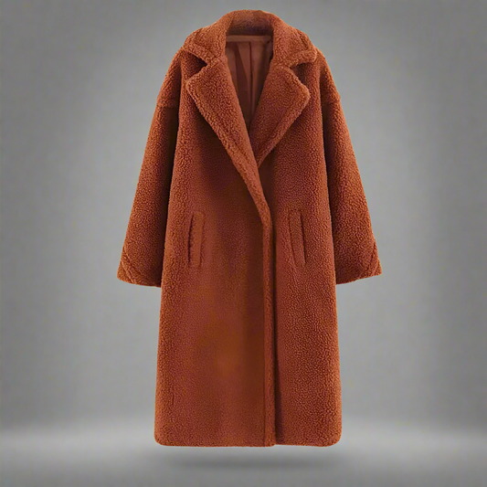 Women's Coat - Long Oversized Fit - Soft Teddy Fleece - Notch Collar - Warm and Comfortable