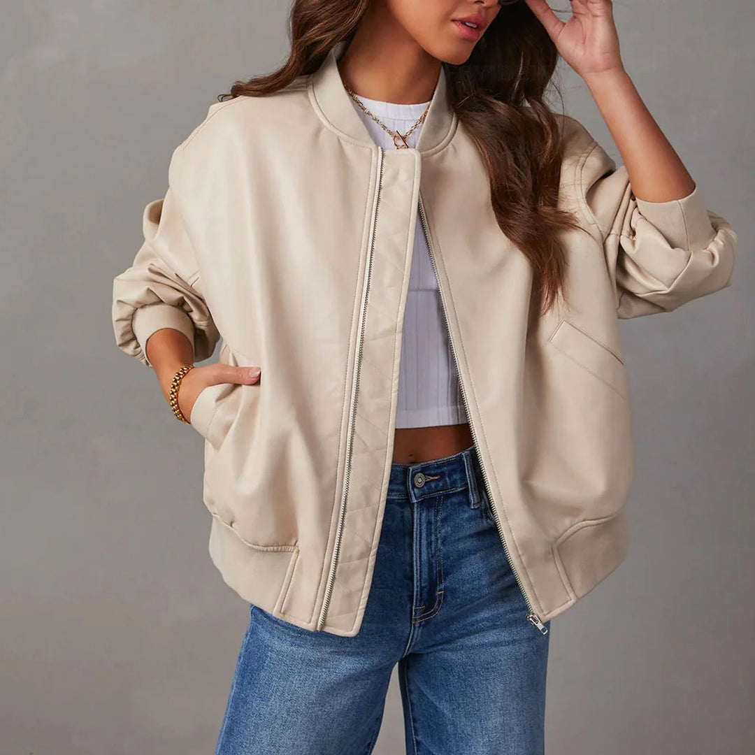 Women's Bomber Jacket – Oversized Fit – Glossy Finish – Zipper – Ribbed Edge