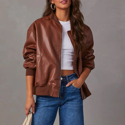 Women's Bomber Jacket – Oversized Fit – Glossy Finish – Zipper – Ribbed Edge