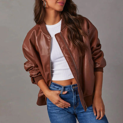 Women's Bomber Jacket – Oversized Fit – Glossy Finish – Zipper – Ribbed Edge