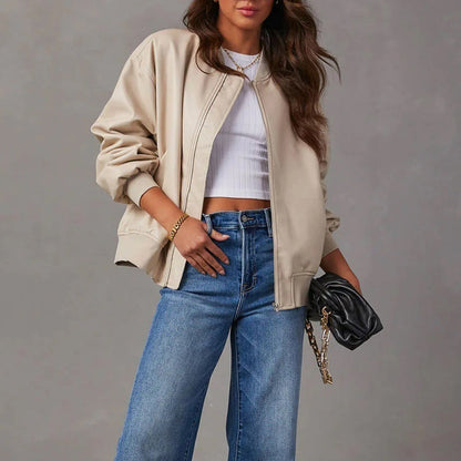 Women's Bomber Jacket – Oversized Fit – Glossy Finish – Zipper – Ribbed Edge