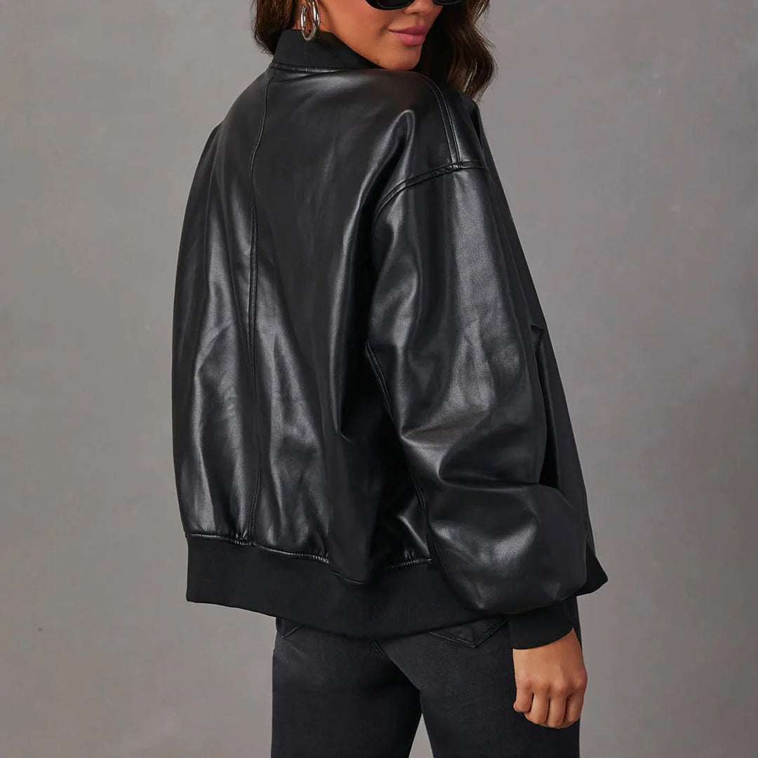 Women's Bomber Jacket – Oversized Fit – Glossy Finish – Zipper – Ribbed Edge