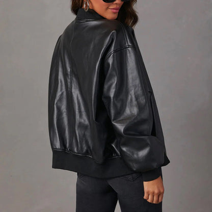Women's Bomber Jacket – Oversized Fit – Glossy Finish – Zipper – Ribbed Edge