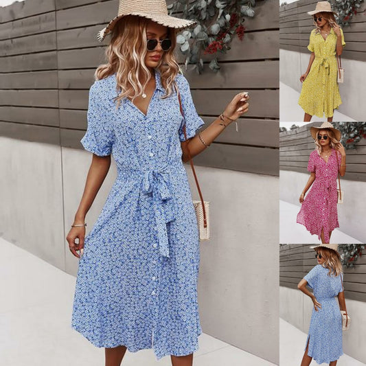 Women Midi Dress - Floral A-Line - V-neck Shirt Collar - Knee-Length with Waistband