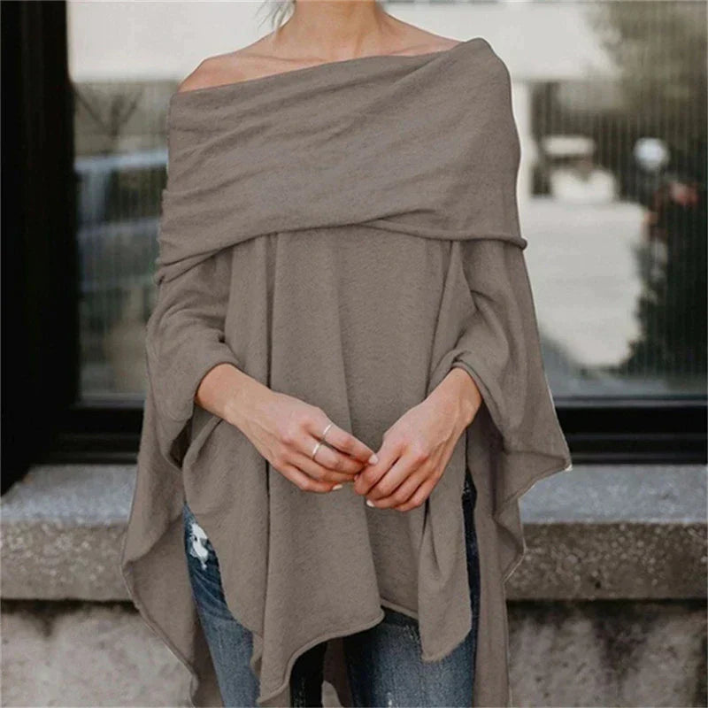 Women's Off-Shoulder Top – Soft Knit – Relaxed Fit – Long Sleeves – Asymmetric Hem