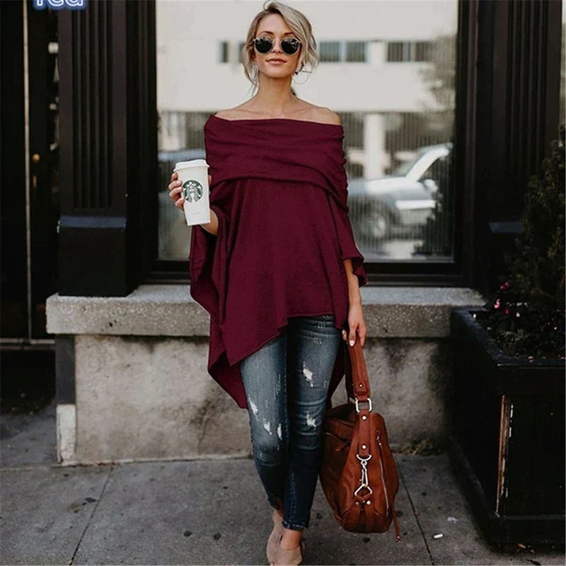 Women's Off-Shoulder Top – Soft Knit – Relaxed Fit – Long Sleeves – Asymmetric Hem