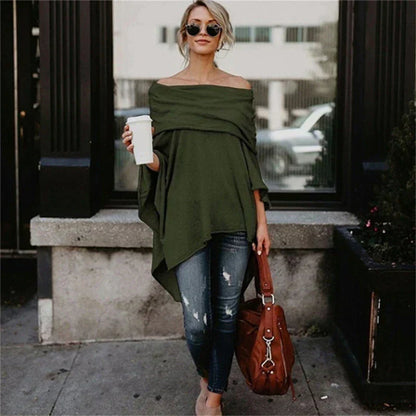 Women's Off-Shoulder Top – Soft Knit – Relaxed Fit – Long Sleeves – Asymmetric Hem