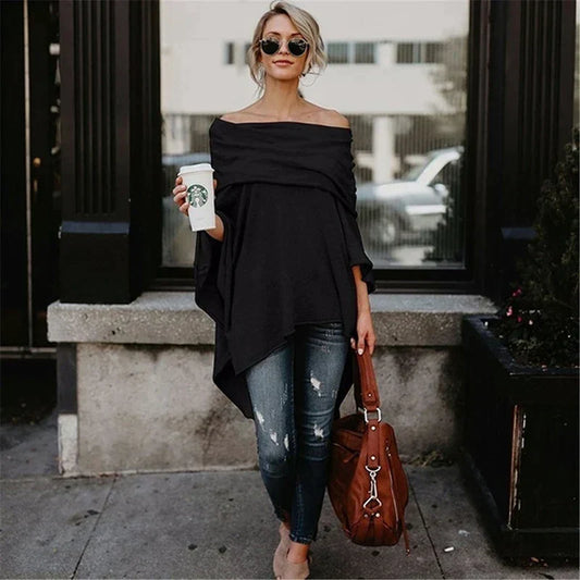 Women's Off-Shoulder Top – Soft Knit – Relaxed Fit – Long Sleeves – Asymmetric Hem