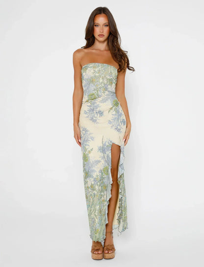 Dress for Women – Strapless Maxi – Tight Fit – Floral Pattern – High Slit