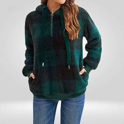 Women's Hoodie – Soft Knit – Relaxed Fit – Half Zipper – Checkered Pattern