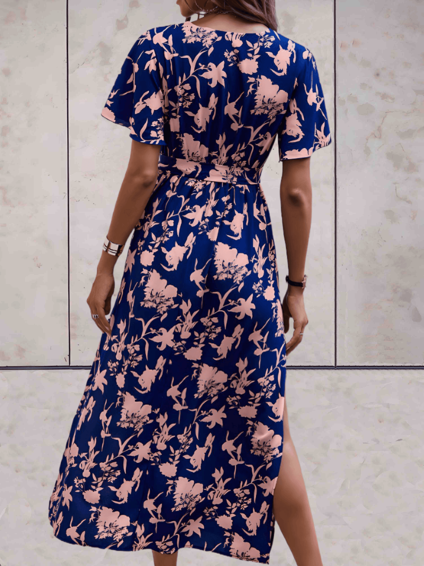 Women's Wrap Dress - V-neck - Short Ruffled Sleeves - Adjustable Waist - Midi Length