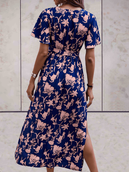 Women's Wrap Dress - V-neck - Short Ruffled Sleeves - Adjustable Waist - Midi Length