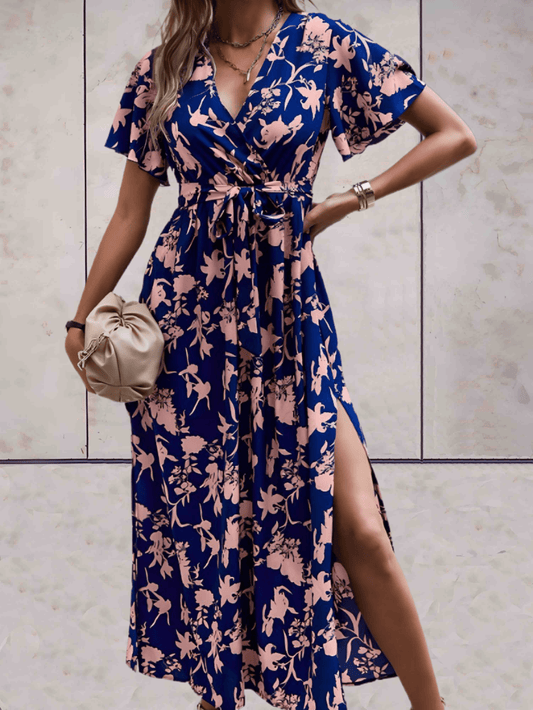 Women's Wrap Dress - V-neck - Short Ruffled Sleeves - Adjustable Waist - Midi Length