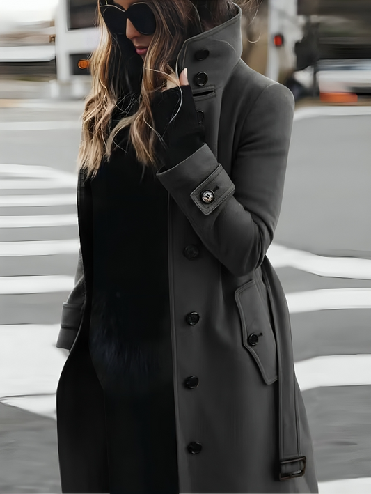 Women's Long Coat – Slim Fit – Double-Breasted – High Collar – Belted Waist
