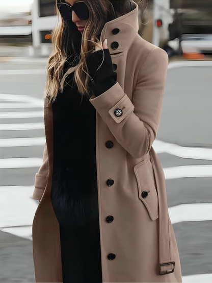 Women's Long Coat – Slim Fit – Double-Breasted – High Collar – Belted Waist