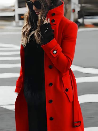 Women's Long Coat – Slim Fit – Double-Breasted – High Collar – Belted Waist