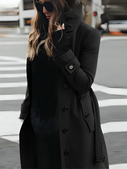 Women's Long Coat – Slim Fit – Double-Breasted – High Collar – Belted Waist
