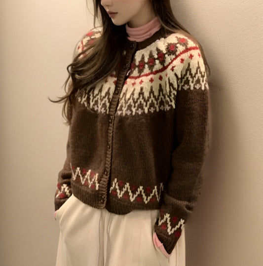 Women's Knitted Cardigan - Fair Isle Pattern - Long Sleeve - Button Placket - Soft and Comfortable