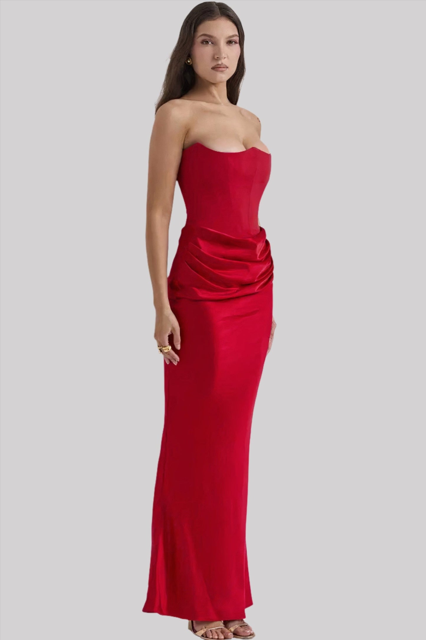 Women's Maxi Dress – Strapless – Tight Fit – Satin Look – Draped Hip