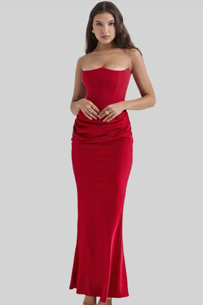 Women's Maxi Dress – Strapless – Tight Fit – Satin Look – Draped Hip