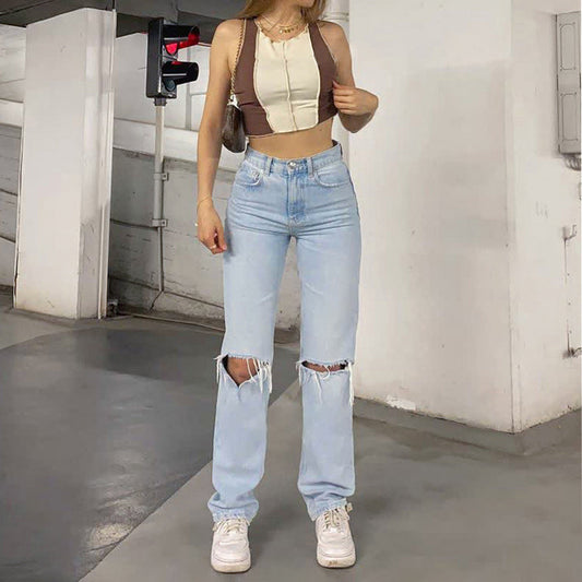 Women's Jeans – High Waist – Relaxed Fit – Distressed Knees – Breathable Fabric