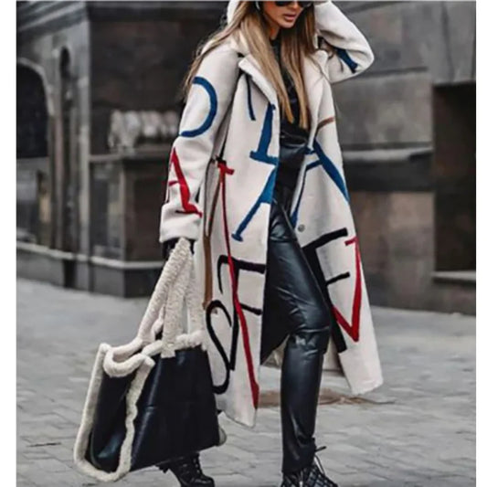 Women's Long Coat – Wool Blend – Oversized Fit – Abstract Design – Open Front
