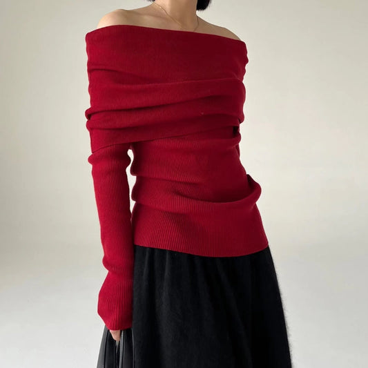 Women's Off-Shoulder Sweater - Ribbed Knit - Slim Fit - Elegant Draped Design