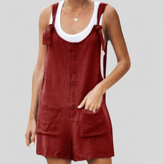 Women's Jumpsuit - Sleeveless with Tie Straps - Buttons and Front Pockets - Casual Fit