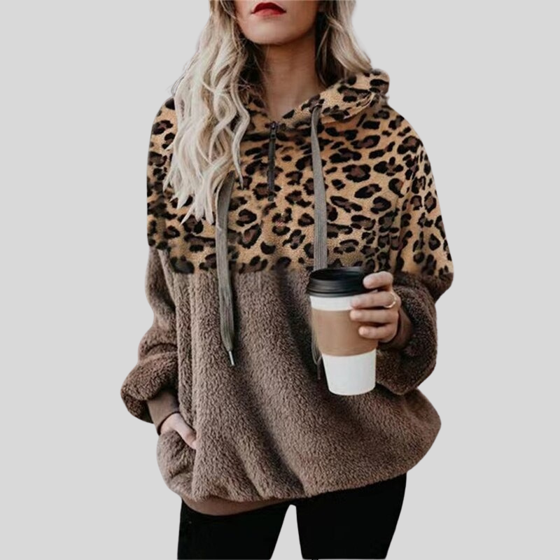 Dame Hettegenser - Oversized Passform - Plysj & Leopardmønster - Myk & Komfortabel