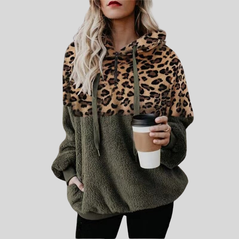 Dame Hettegenser - Oversized Passform - Plysj & Leopardmønster - Myk & Komfortabel