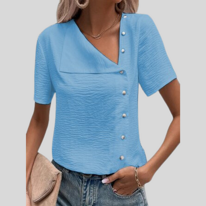 Dame Bluse - Asymmetrisk Knappestolpe - V-hals - Kortermet - Avslappet Passform