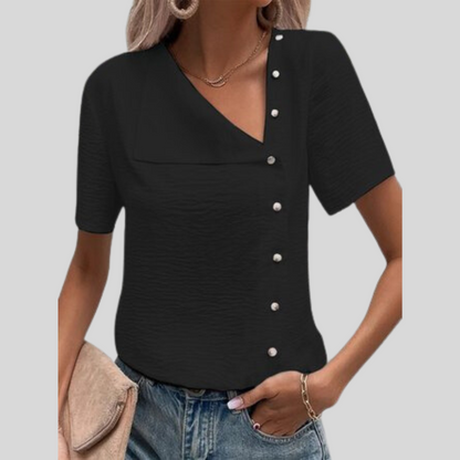 Dame Bluse - Asymmetrisk Knappestolpe - V-hals - Kortermet - Avslappet Passform