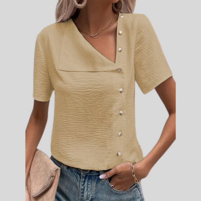 Dame Bluse - Asymmetrisk Knappestolpe - V-hals - Kortermet - Avslappet Passform