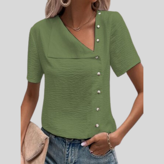 Dame Bluse - Asymmetrisk Knappestolpe - V-hals - Kortermet - Avslappet Passform