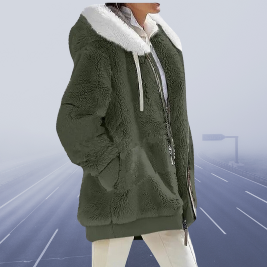 Women's Faux Fur Jacket - Hood with Contrast Lining - Zipper Closure - Warmth and Comfort
