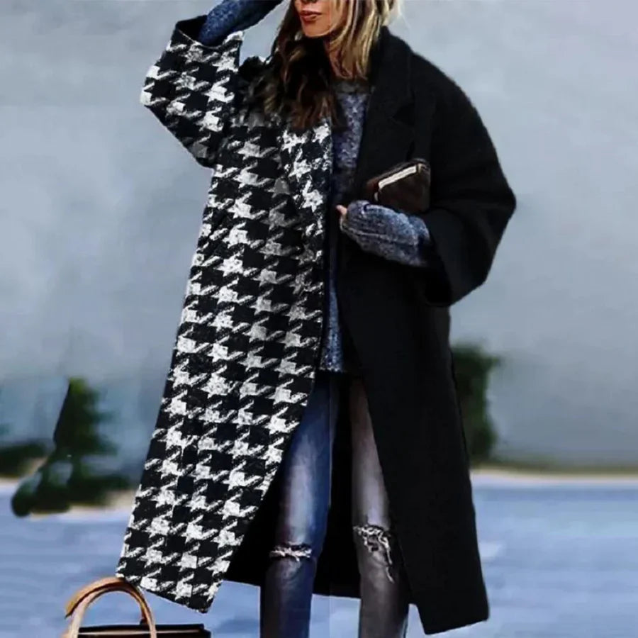 Women's Long Coat – Wool Blend – Oversized Fit – Abstract Design – Open Front