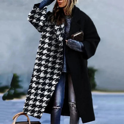 Women's Long Coat – Wool Blend – Oversized Fit – Abstract Design – Open Front