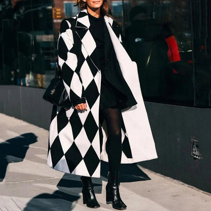 Women's Long Coat – Wool Blend – Oversized Fit – Abstract Design – Open Front