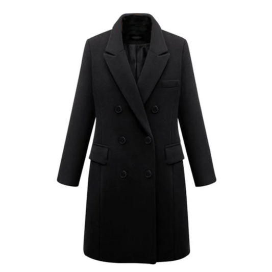 Women's Long Coat – Wool Blend – Tailored Fit – Double-Breasted – Lapels