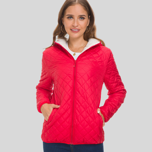 Women's Padded Jacket - Diamond Pattern Quilted - Tailored with Zipper and Pockets