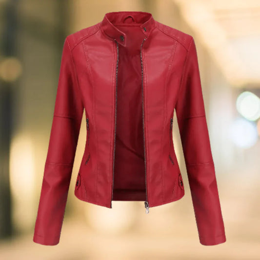 Women's Leather Jacket – Slim Fit – Stand Collar – Zipper Closure – Hip Length