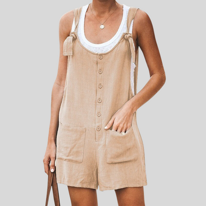 Women's Jumpsuit - Sleeveless with Tie Straps - Buttons and Front Pockets - Casual Fit
