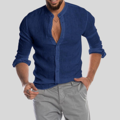 Men's Shirt - Slim Fit - Mandarin Collar - Light and Breathable Linen Blend - Long Sleeves