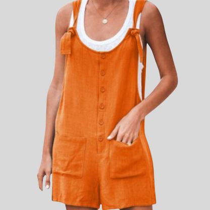 Women's Jumpsuit - Sleeveless with Tie Straps - Buttons and Front Pockets - Casual Fit