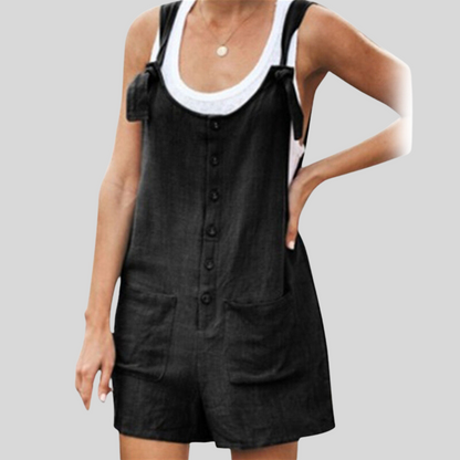 Women's Jumpsuit - Sleeveless with Tie Straps - Buttons and Front Pockets - Casual Fit