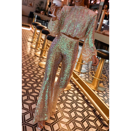 Women's Set with Sequins – High-neck Crop Top – Wide Pants – Party Outfit
