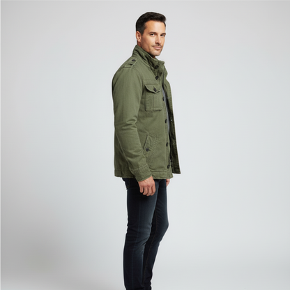 Men's Denim Jacket – Regular Fit – Button Closure – High Collar – Multiple Pockets – Epaulettes