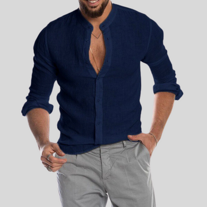 Men's Shirt - Slim Fit - Mandarin Collar - Light and Breathable Linen Blend - Long Sleeves